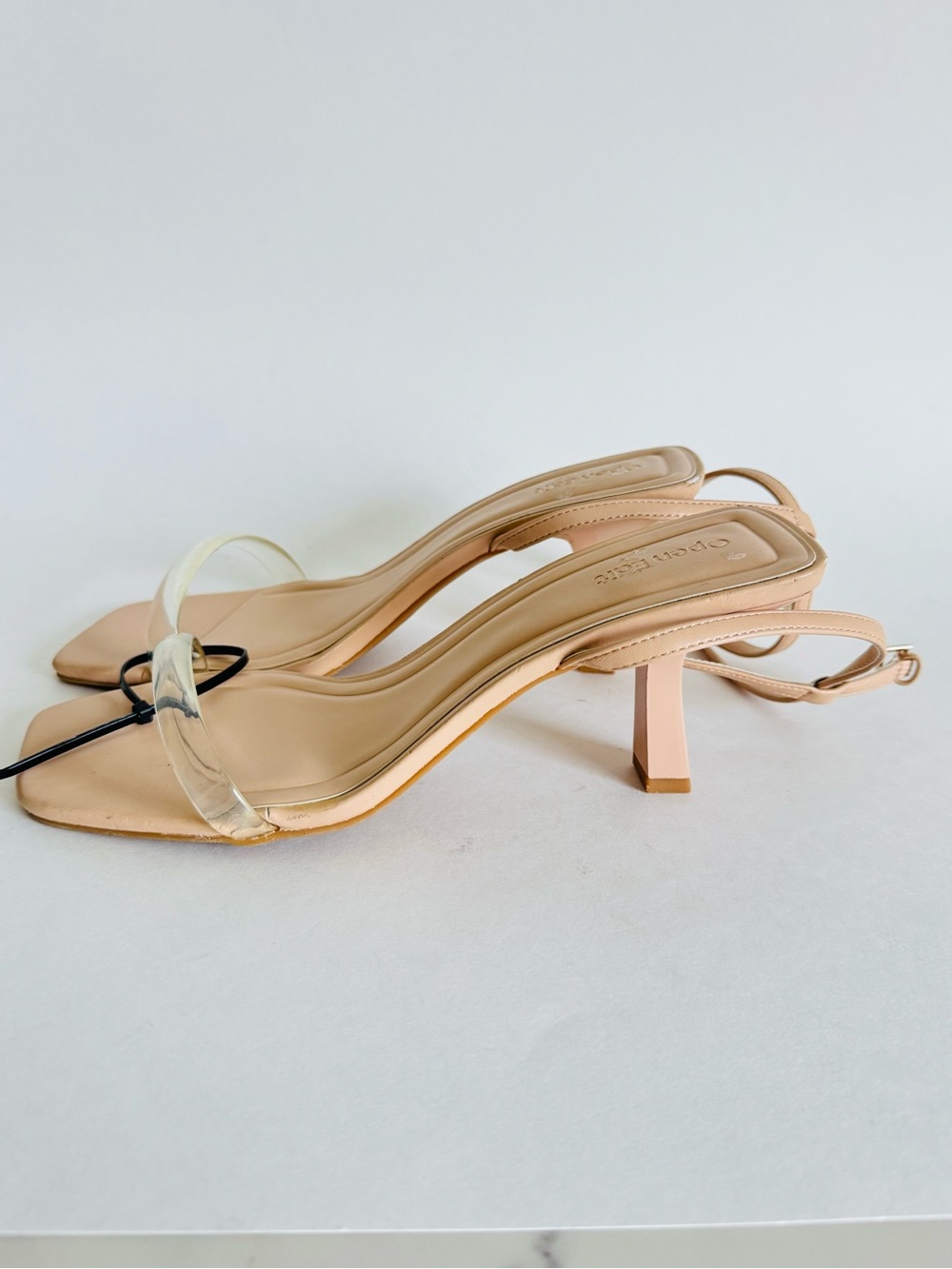 Beige Clear-Strap Slingback Mid Heels